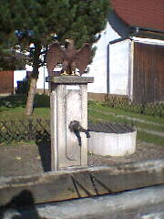 Tuningen/Öfingen - unterwegs ein Dorfbrunnen mit thronendem Greifvogel